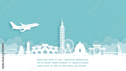 Travel poster with Welcome to Taipei, Chaina famous landmark in paper cut style vector illustration.