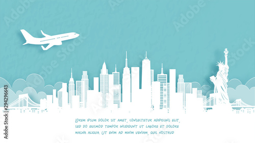 Travel poster with Welcome to New York City famous landmark in paper cut style vector illustration.