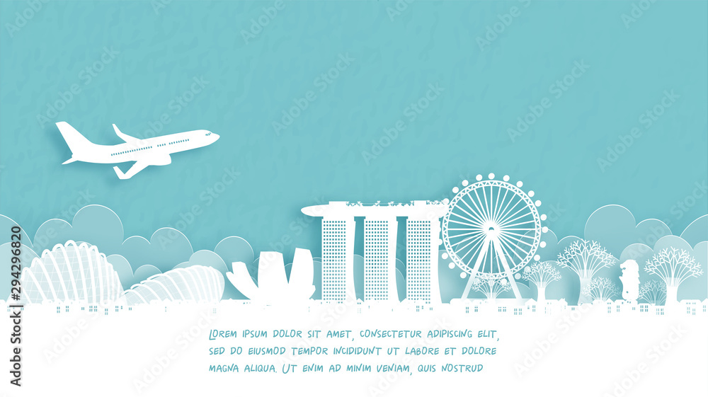 Travel poster with Welcome to Singapore famous landmark in paper cut style vector illustration. - obrazy, fototapety, plakaty 