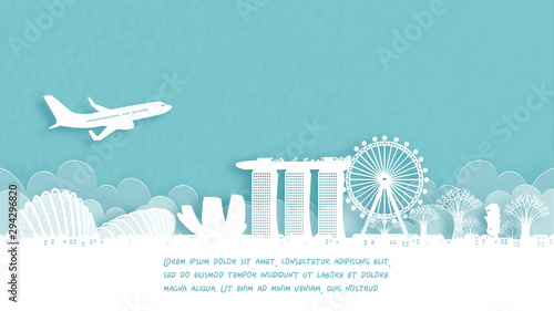 Travel poster with Welcome to Singapore famous landmark in paper cut style vector illustration.