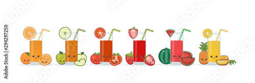 Cute kawai smiling cartoon fruits juice. Vector
