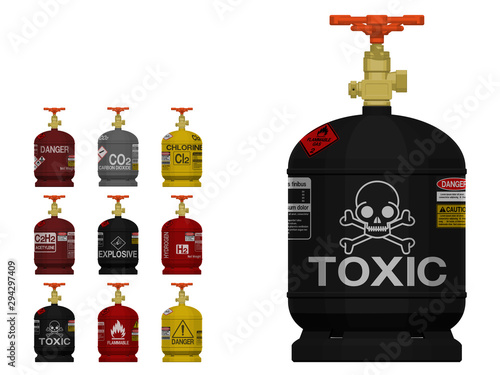Set of isolated industrial gas cylinder with marking on transparent background