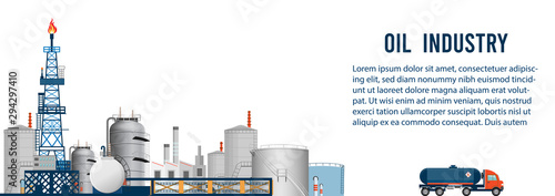 Gas oil industry platform Banner with Outbuildings, Oil storage tank. Poster Brochure Flyer Design, Vector Illustration