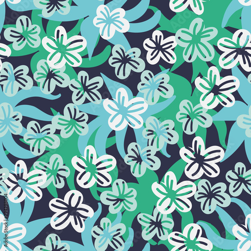 A seamless vector pattern with leaves and flowers in jade green colors. Surface print design.