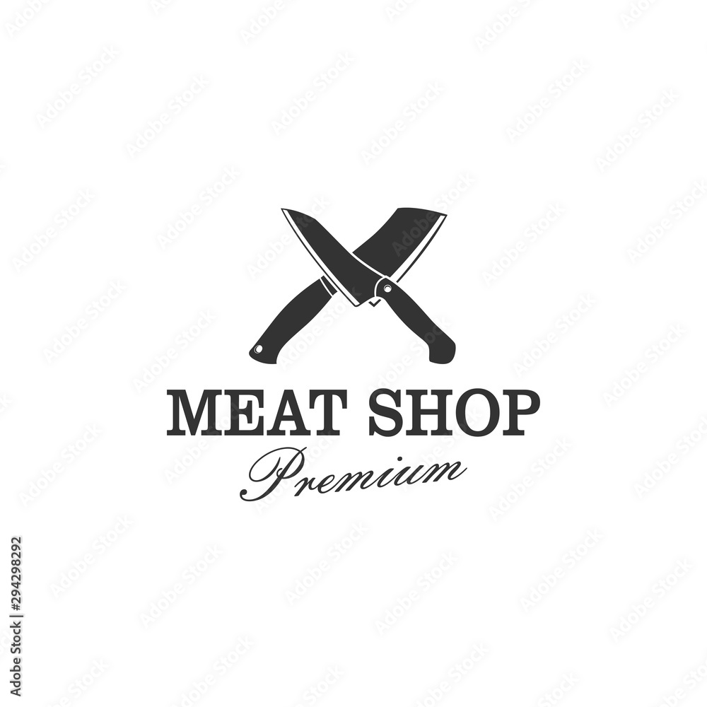 Butcher's logo or slaughterhouse logo with two large sharp knife elements.