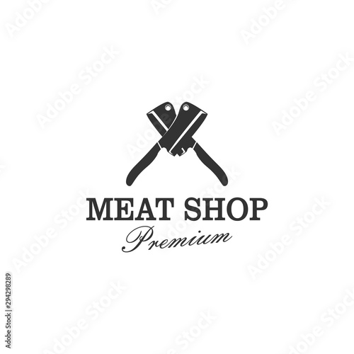 Butcher's logo or slaughterhouse logo with two large sharp knife elements.
