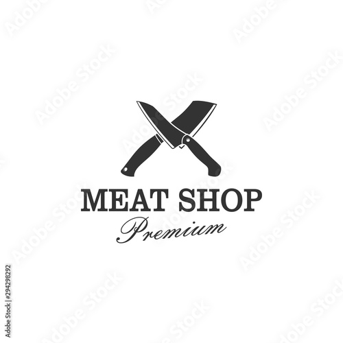 Butcher's logo or slaughterhouse logo with two large sharp knife elements.