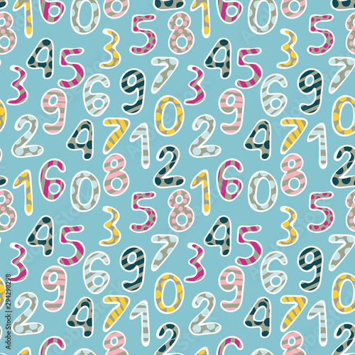 A seamless childish vector pattern with colorful dotted and striped numbers on a blue background. Surface print design.