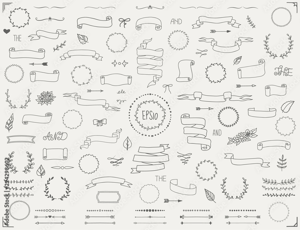 Hand drawn scrolls and banners big collection of decorative elements in vintage style. Vector eps10 Hand drawn scrolls and banners big collection of decorative elements in vintage style. Vector eps10