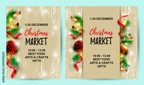 Merry Christmas, Happy New year cards set with new year tree, red and golden balls on wood background.  Great for invites, sale, greetings, christmas market, flyer. Place for text. Vector illustration