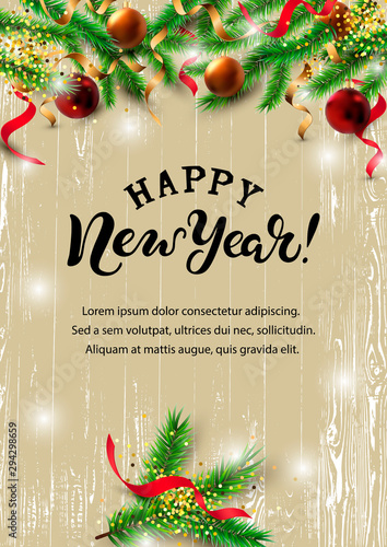 Happy New Year card with christmas tree branch. Hand drawn lettering Happy New Year. Place for text. Great for sale, greetings, invites, Merry Christmas card. Vector illustration.