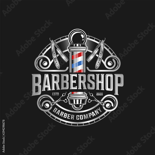 Foto PrintBarbershop logo with a complex design of elegant vintage details with professional scissors and razor elements, for your business and professional barbershop label with quality services