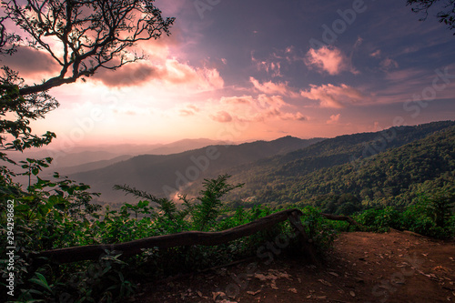 Fotografie Wide natural background blurred by the bright sunlight above the mountains durin
