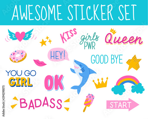 Awesome sticker collection in trendy hand drawn style. Vector eps10.