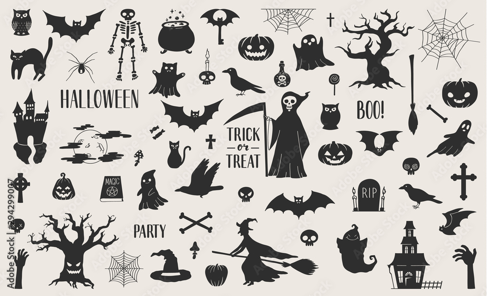 Fototapeta premium Cute hand drawn Halloween related silhouettes collection. Vector eps10.