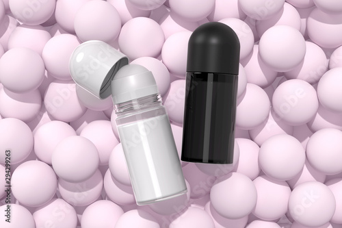 Opened Roll-on Deodorant Mockup. Anti-Perspirant Roll On Mock Up. Top View of Cosmetic Product on Pink Background. Spa and Beauty Concept. Realistic 3D Illustration. Blank Template. Flat Lay.