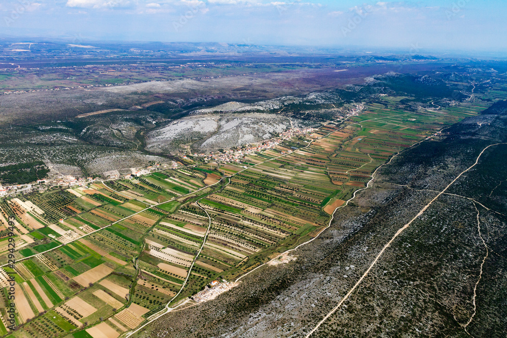 Aerial view of the fertile fields in Zadar region near Adriatic coast