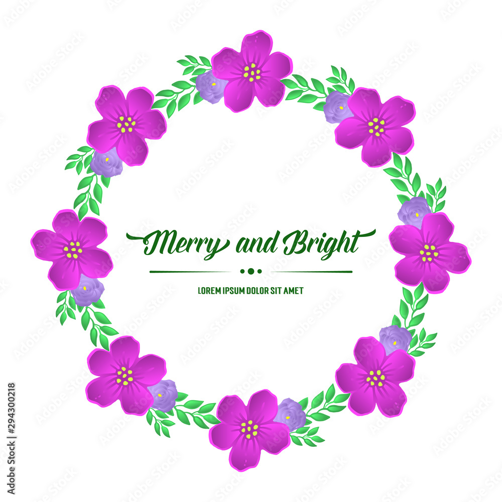 Cute purple flower frame, design elegant for card merry and bright. Vector