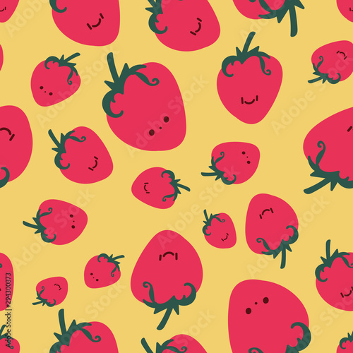A seamless vector pattern with cute strawberries on a yellow background. Surface print design.