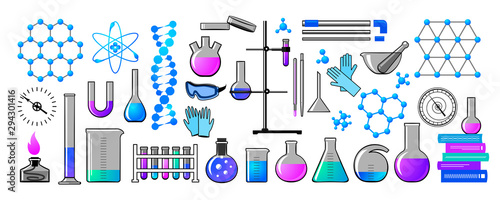 Chemistry. Formulas of chemical elements, molecules, instruments