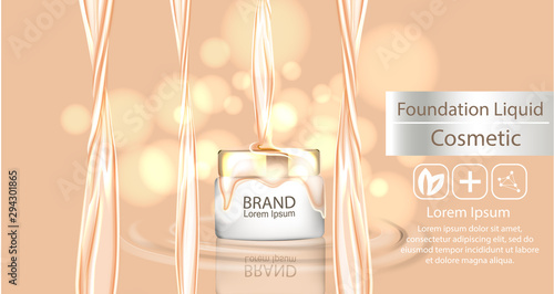 Foundation cream ads, white tube with creamy texture liquid in 3d illustration on glitter bokeh background