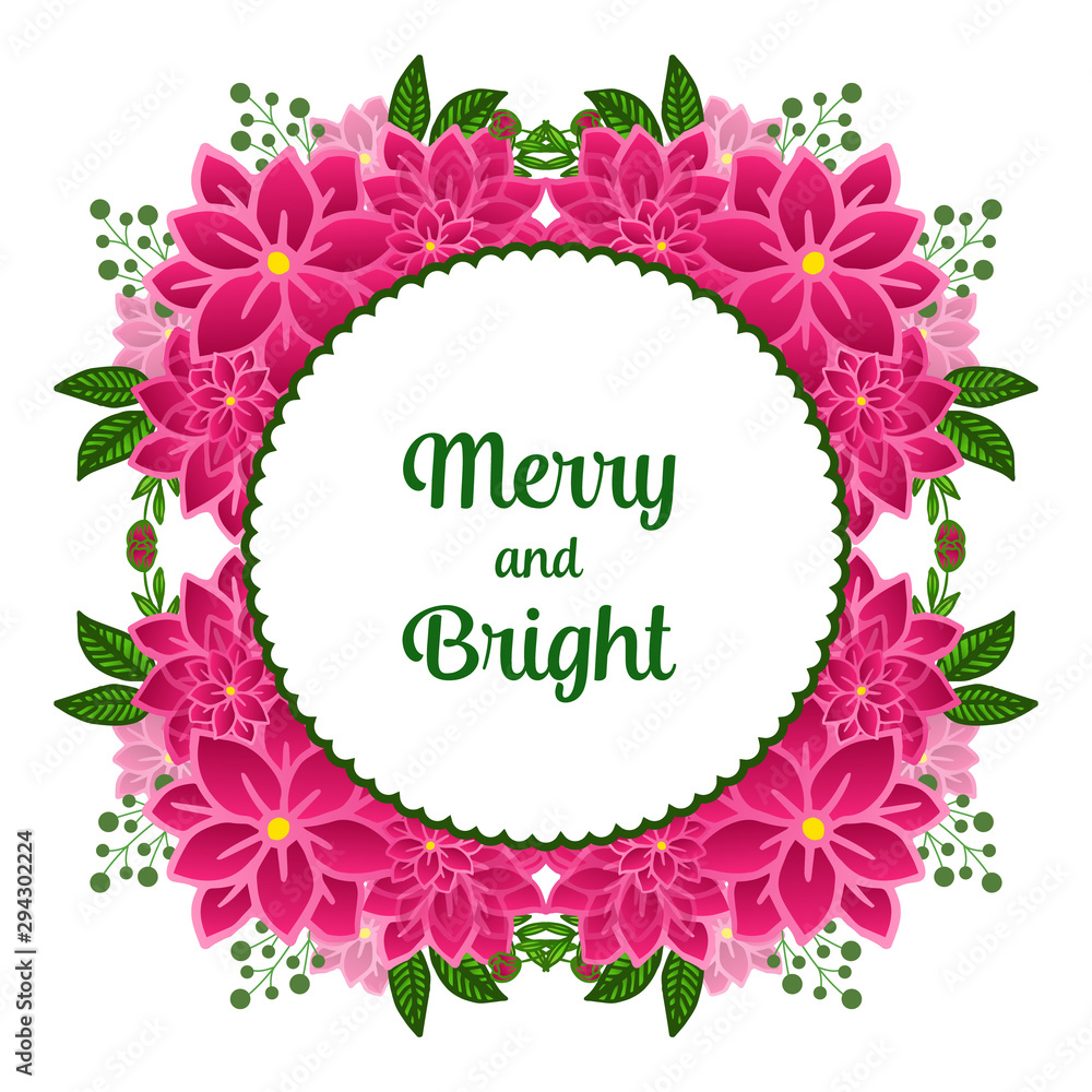 Greeting card merry and bright, with various crowd of pink wreath frame. Vector