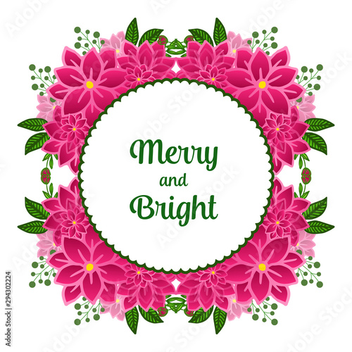 Greeting card merry and bright, with various crowd of pink wreath frame. Vector