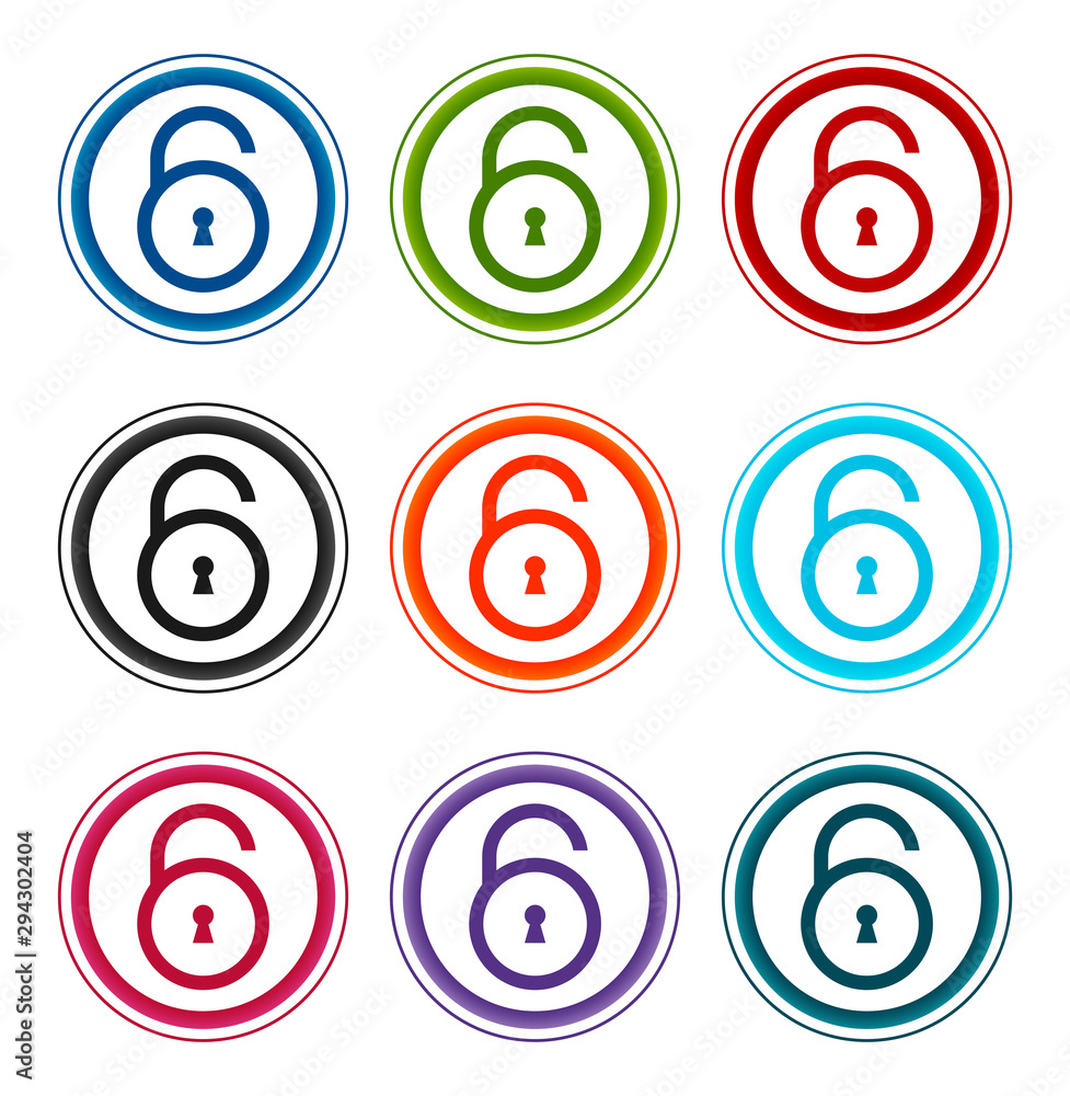 Padlock open icon flat round buttons set illustration design Padlock open icon flat round buttons set illustration design