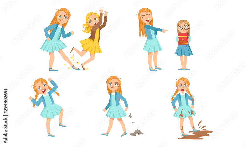 Angry girl offends a classmate. Vector illustration.