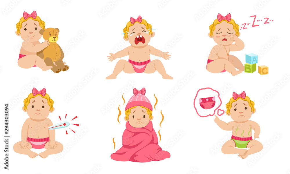 Little girl crying from discomfort. Vector illustration.