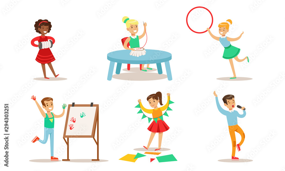 School Children Hobbies Set, Teenagers Boys and Girls Embroidering, Doing Gymnastics, Playing Music, Singing, Painting Vector Illustration