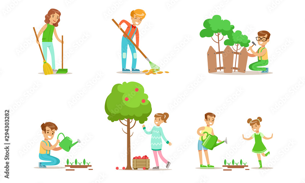 Fototapeta premium Children Volunteering in the Garden or Park Set, Teen Boys and Girls Watering Seedlings, Repairing Fence, Sweeping and Raking Leaves, Harvesting Vector Illustration
