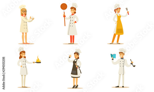 Chefs Cooking and Serving Various Food Set, Professional Kitcheners in Uniform with Culinary Equipment Vector Illustration