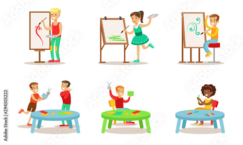 School Children Hobbies Set, Teenagers Boys and Girls Painting, Making Application Vector Illustration