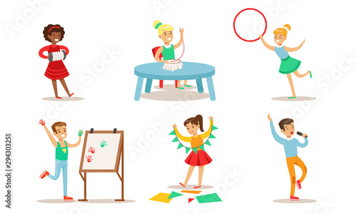 School Children Hobbies Set, Teenagers Boys and Girls Embroidering, Doing Gymnastics, Playing Music, Singing, Painting Vector Illustration