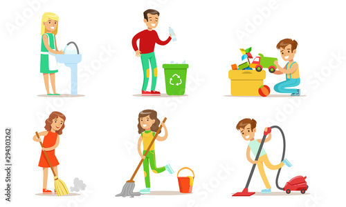 Cute Children Doing Housework Set, Boys and Girls Mopping and Vacuuming Floor, Gathering Garbage, Kids Helping Parents with Housekeeping Vector Illustration