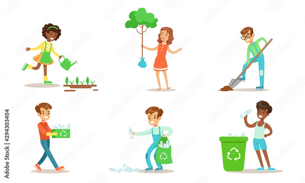 Children Volunteering in the Garden or Park Set, Teen Boys and Girls Planting Trees, Watering Seedlings, Gathering Garbage Vector Illustration