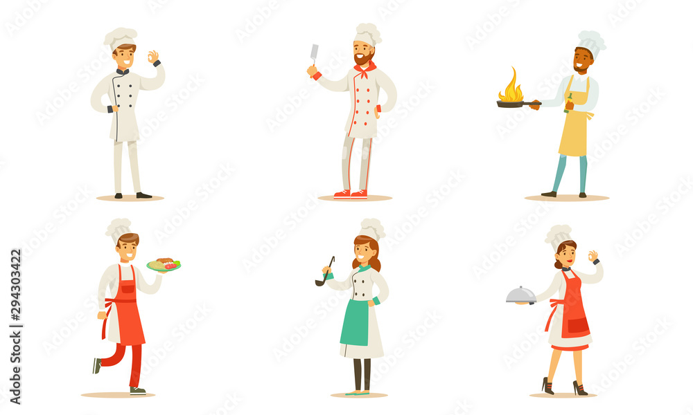Chefs Cooking and Serving Various Food Set, Professional Kitcheners in Uniform with Culinary Tools Vector Illustration