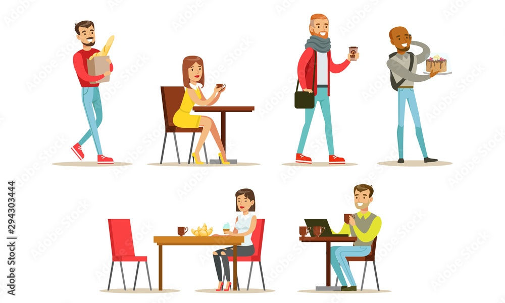 Collection of People Sitting at Tables, Drinking Coffee or Tea at Cafe, Visitors Buying Desserts, Baguette and Drinks at Bakery Shop or Confectionery Vector Illustration