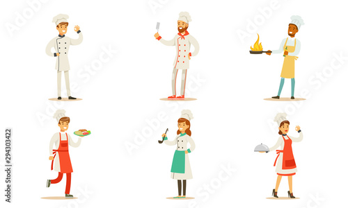 Chefs Cooking and Serving Various Food Set, Professional Kitcheners in Uniform with Culinary Tools Vector Illustration