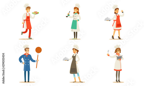 Chefs Cooking and Serving Various Food Set, Professional Kitcheners in Uniform with Culinary Tools and Tasty Dishes Vector Illustration