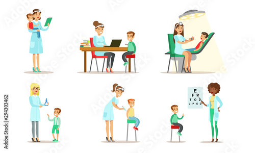 Doctor Doing Medical Examination and Vaccination of Kids Set, Boys and Girls Examining at Pediatrician, Dentist, Ophthalmologist Vector Illustration