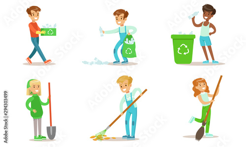 Children Volunteering in the Park Set, Teenage Boys and Girls Cleaning, Gathering Plastic Waste for Recycling Vector Illustration