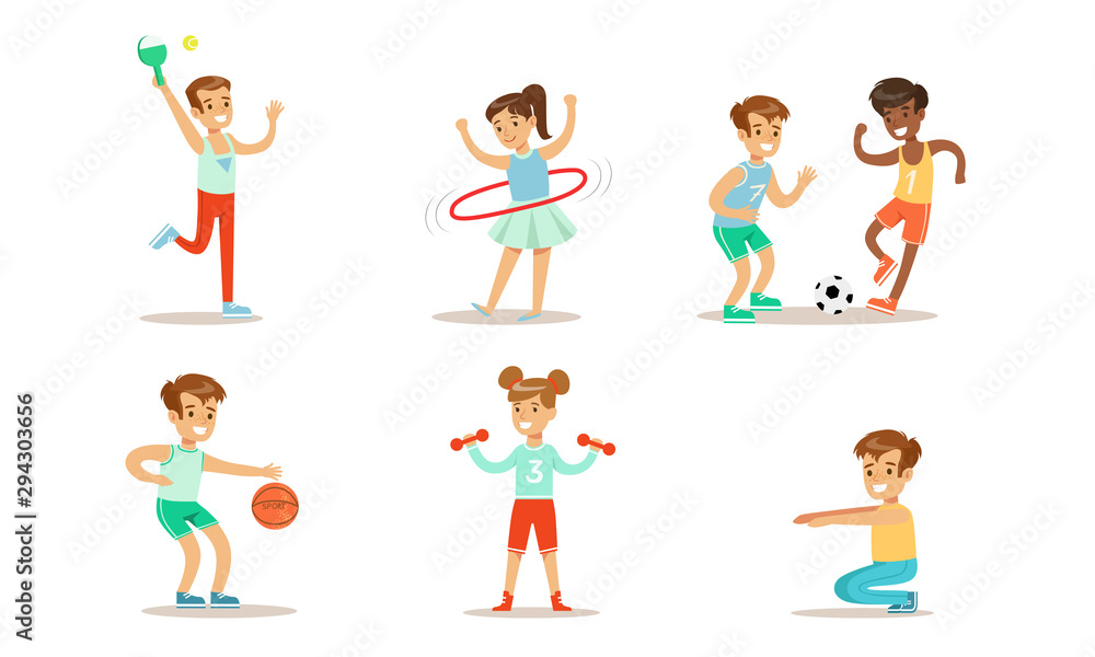 Children Doing Different Kind of Sports Set, Teen Boys and Girls, Playing Soccer, Basketball, Squatting, Twirling Hula Hoop, Exercising with Dumbbells Vector Illustration