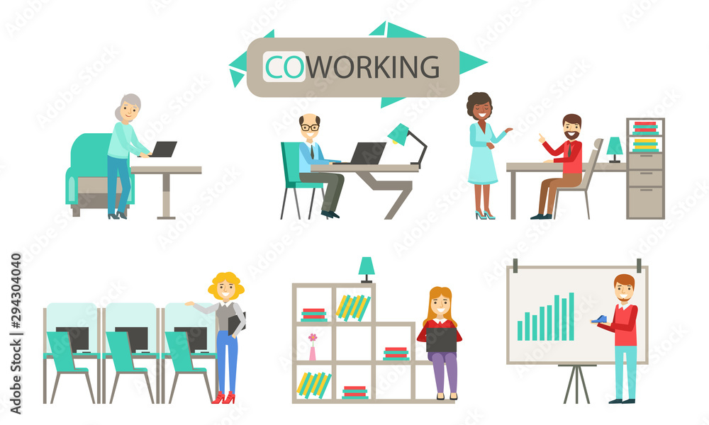 Modern Coworking Space, People Working Together at the Computers in the Open Space Office Vector Illustration
