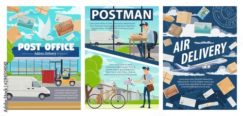 Postmen, post office and parcels. Mail delivery