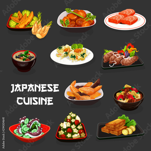 Japanese seafood dishes, vegetables and meat