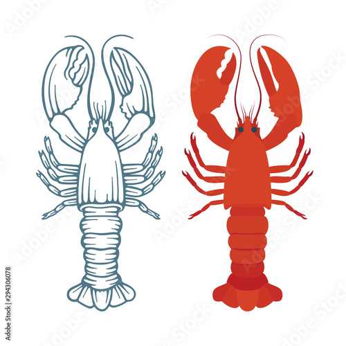 Lobster. Sketch and realistic drawn lobsters vector illustrations set. Part of seafood set. 