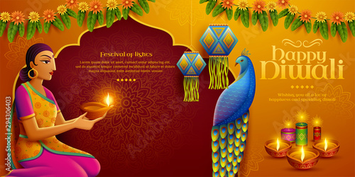 Diwali design with indian woman