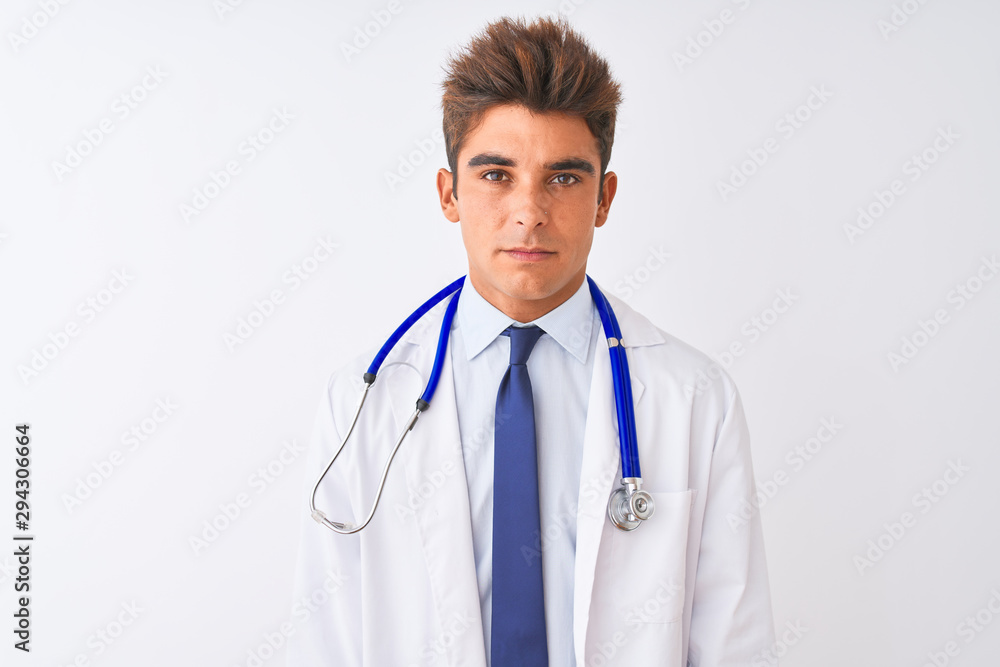 Young handsome doctor man wearing stethoscope over isolated white background depressed and worry for distress, crying angry and afraid. Sad expression. Young handsome doctor man wearing stethoscope over isolated white background depressed and worry for distress, crying angry and afraid. Sad expression.